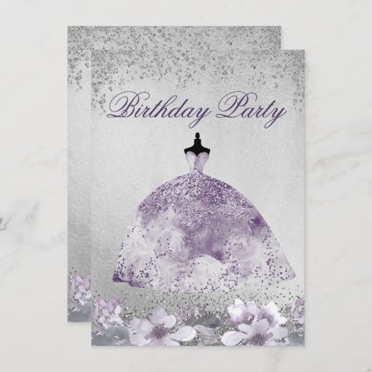 Paarse Silver Sparkle Dress Birthday Party nodigt Kaart (Voorkant / Achterkant)