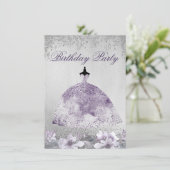 Paarse Silver Sparkle Dress Birthday Party nodigt Kaart (Staand voorkant)
