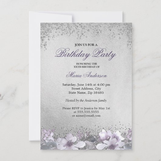 Paarse Silver Sparkle Dress Birthday Party nodigt Kaart (Achterkant)