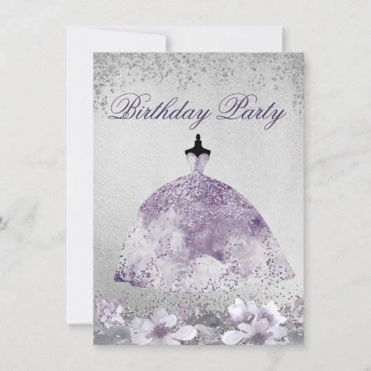 Paarse Silver Sparkle Dress Birthday Party nodigt Kaart (Voorkant)