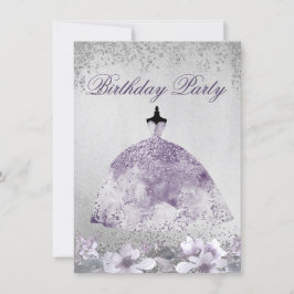 Paarse Silver Sparkle Dress Birthday Party nodigt  Kaart
