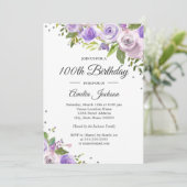Paarse Silver Sparkle Floral 100e verjaardag Uitno Kaart (Staand voorkant)
