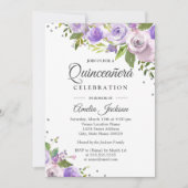 Paarse Silver Sparkle Floral Quinceanera Invite Kaart (Voorkant)