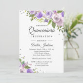 Paarse Silver Sparkle Floral Quinceanera Invite Kaart (Staand voorkant)