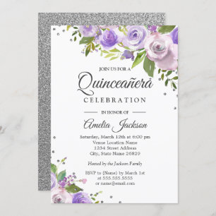 Paarse Silver Sparkle Floral Quinceanera Invite Kaart