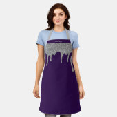 Paarse Silver Sparkle Glitter Drips Gepersonalisee Schort (Gedragen)