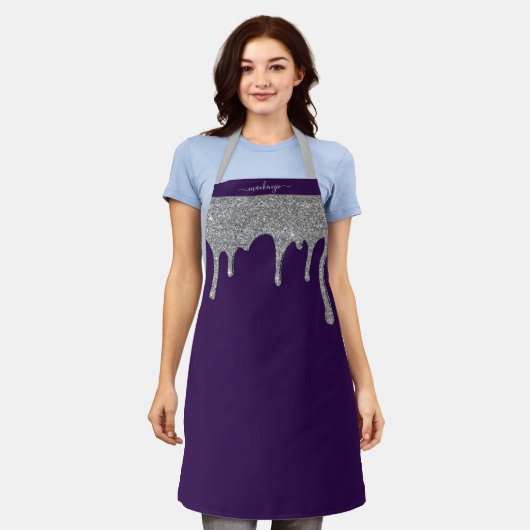 Paarse Silver Sparkle Glitter Drips Gepersonalisee Schort (Gedragen)