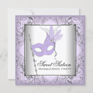 Paarse Silver Sweet 16 Masquerade Party Kaart