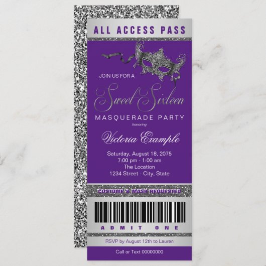 Paarse Silver Sweet 16 Masquerade Party Ticket Kaart (Voorkant / Achterkant)