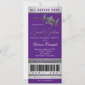 Paarse Silver Sweet 16 Masquerade Party Ticket Kaart (Voorkant)