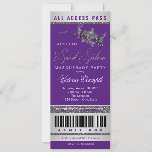 Paarse Silver Sweet 16 Masquerade Party Ticket Kaart (Voorkant)