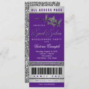 Paarse Silver Sweet 16 Masquerade Party Ticket Kaart