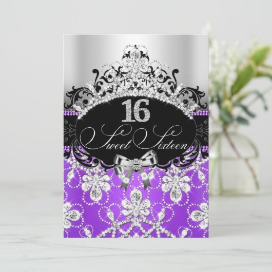 Paarse Silver Sweet 16 Sparkle Tiara Birthday Kaart (Staand voorkant)