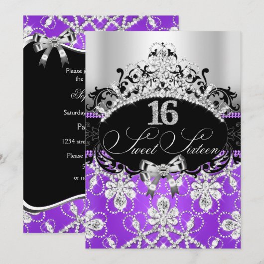 Paarse Silver Sweet 16 Sparkle Tiara Birthday Kaart (Voorkant / Achterkant)