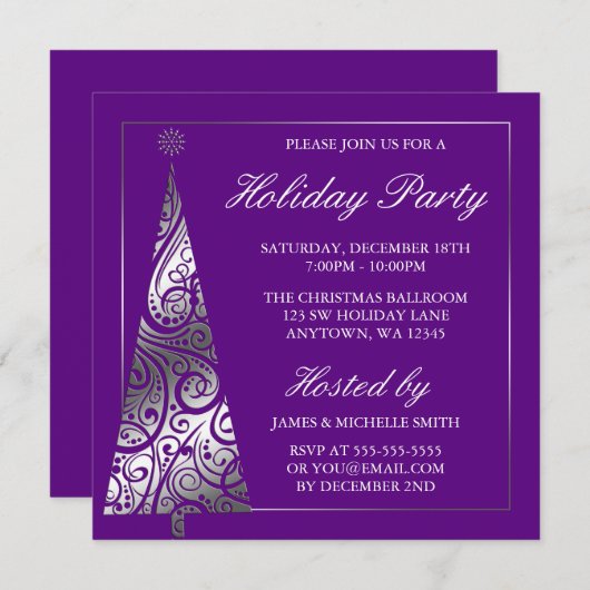 Paarse Silver Swirl-kerstboomfeestdag Kaart (Voorkant / Achterkant)