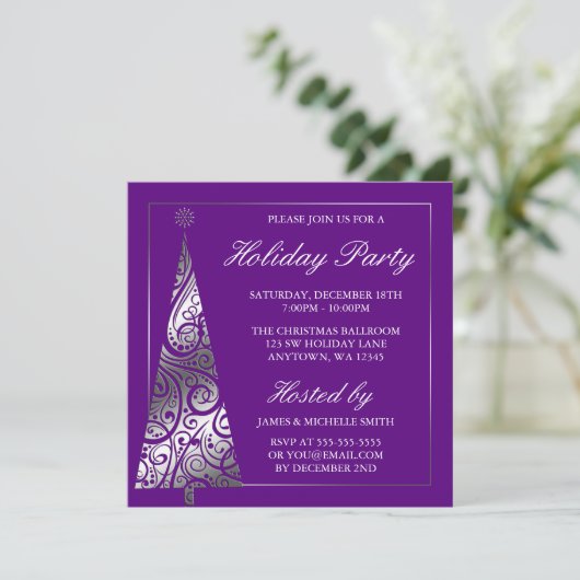 Paarse Silver Swirl-kerstboomfeestdag Kaart (Staand voorkant)