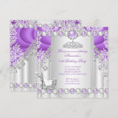 Paarse Silver Tiara High Hiel Pearl Birthday Kaart (Voorkant / Achterkant)