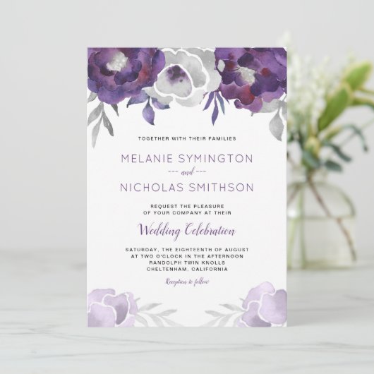 Paarse Silver Waterverf Floral bruiloft uitnodigin Kaart (Staand voorkant)