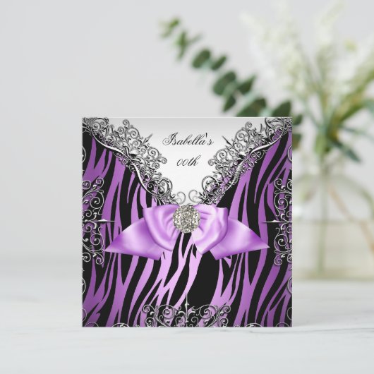 Paarse Silver White Black Zebra Birthday Party Kaart (Staand voorkant)