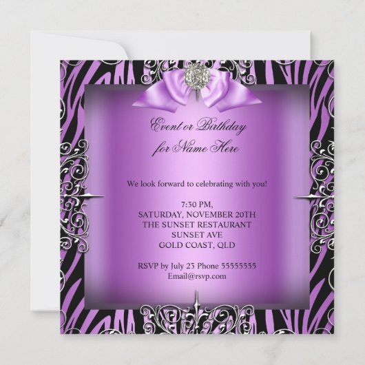 Paarse Silver White Black Zebra Birthday Party Kaart (Achterkant)