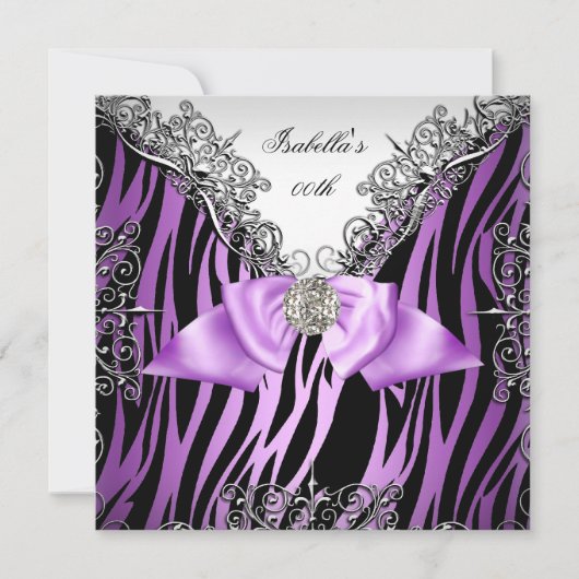 Paarse Silver White Black Zebra Birthday Party Kaart (Voorkant)