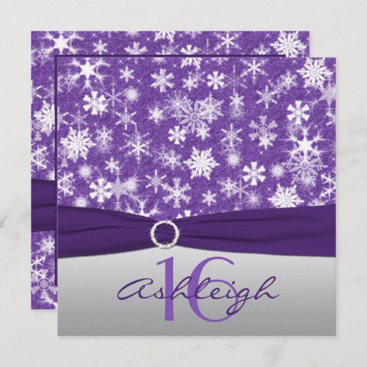 Paarse Silver White Snowflake Birthday Uitnodiging (Voorkant / Achterkant)