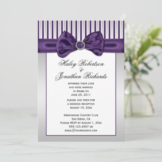 Paarse Silver White Stripes Diamonds Post Wedding Kaart (Staand voorkant)