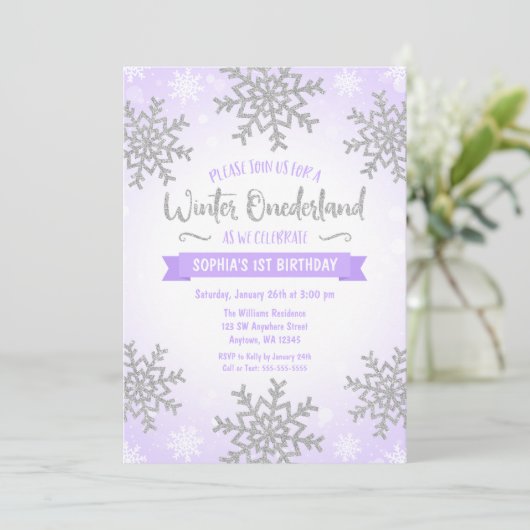 Paarse Silver Winter ONEderland 1e verjaardag Kaart (Staand voorkant)