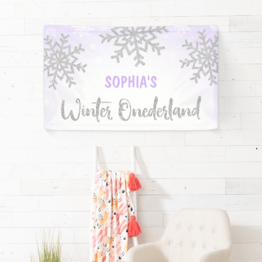 Paarse Silver Winter ONEderland 1e verjaardag Spandoek (Insitu)