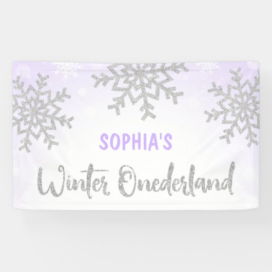 Paarse Silver Winter ONEderland 1e verjaardag Spandoek (Horizontaal)