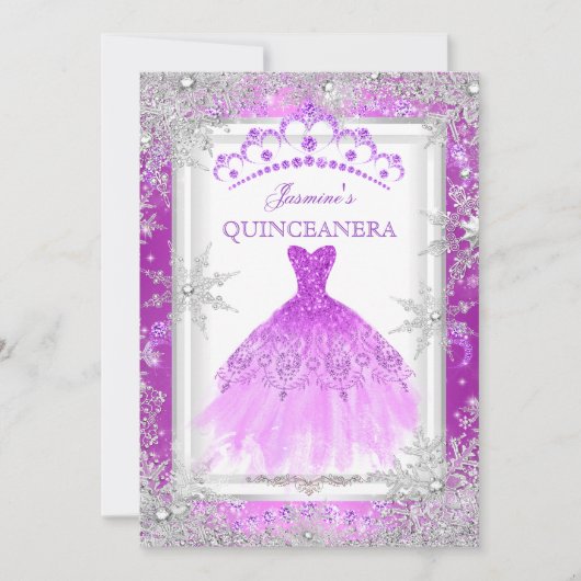 Paarse Silver Winter Wonderland Quinceanera Partij Kaart (Voorkant)