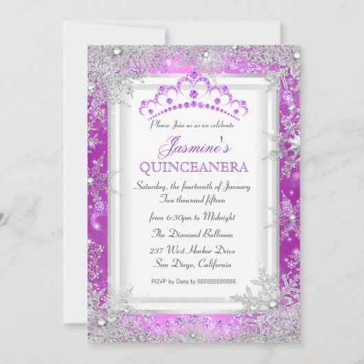 Paarse Silver Winter Wonderland Quinceanera Partij Kaart (Achterkant)