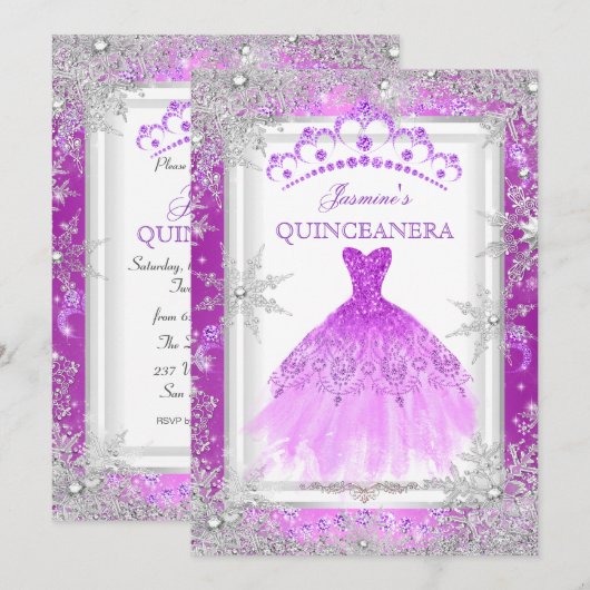 Paarse Silver Winter Wonderland Quinceanera Partij Kaart (Voorkant / Achterkant)
