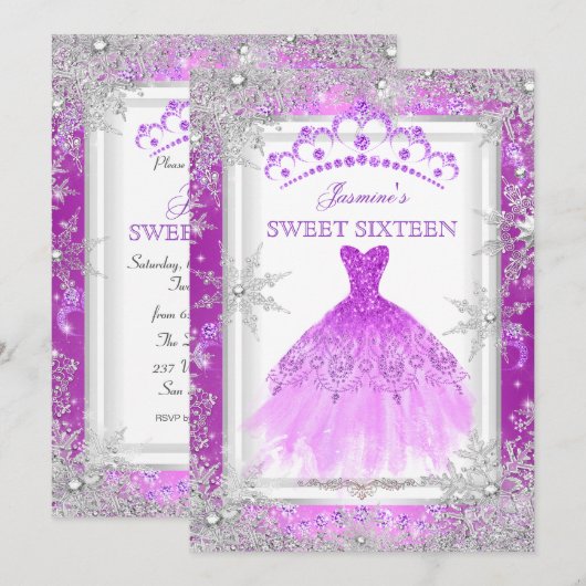 Paarse Silver Winter Wonderland Sweet 16 Kaart (Voorkant / Achterkant)