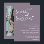 Paarse Simple Script Sweet 16 Birthday Foto Kaart<br><div class="desc">Paarse Simple Minimalist Script Sweet 16 Birthday Photo Invitation</div>