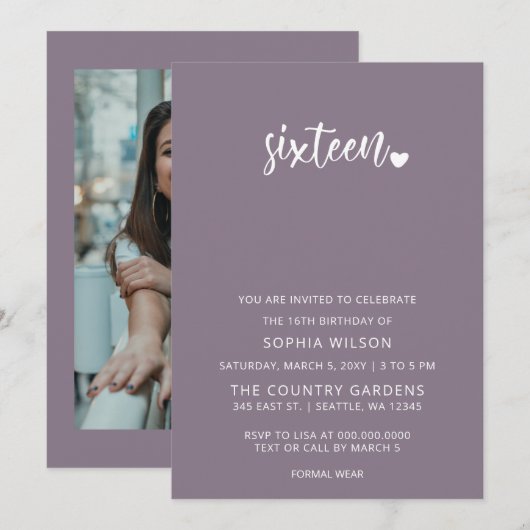 Paarse Simple Script Sweet 16 Birthday Foto Kaart (Voorkant / Achterkant)
