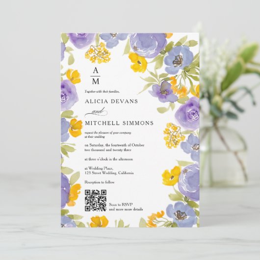 Paarse sinaasappel Bloemen monogram Qr foto bruilo Kaart (Staand voorkant)