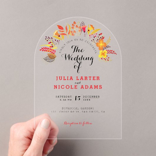 Paarse Sinaasappel Boho Wildflower Bladgroen Bruil Acryl Uitnodigingen (Insitu (Draagbaar))