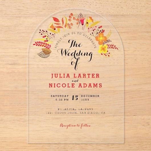 Paarse Sinaasappel Boho Wildflower Bladgroen Bruil Acryl Uitnodigingen (Voorkant)