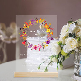 Paarse Sinaasappel Boho Wildflower Bladgroen Bruil Acryl Uitnodigingen