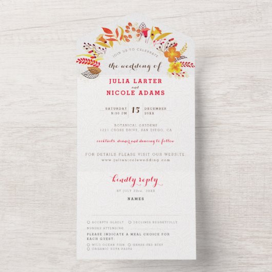 Paarse Sinaasappel Boho Wildflower Bladgroen Bruil All In One Uitnodiging (Binnen)