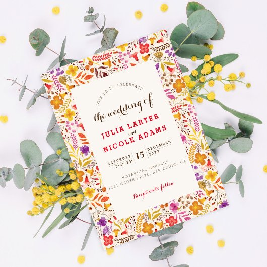 Paarse Sinaasappel Boho Wildflower Bladgroen Bruil Kaart