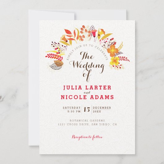 Paarse Sinaasappel Boho Wildflower Bladgroen Bruil Kaart (Voorkant)