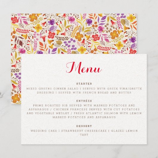 Paarse Sinaasappel Boho Wildflower Bladgroen Bruil Menu (Voorkant / Achterkant)