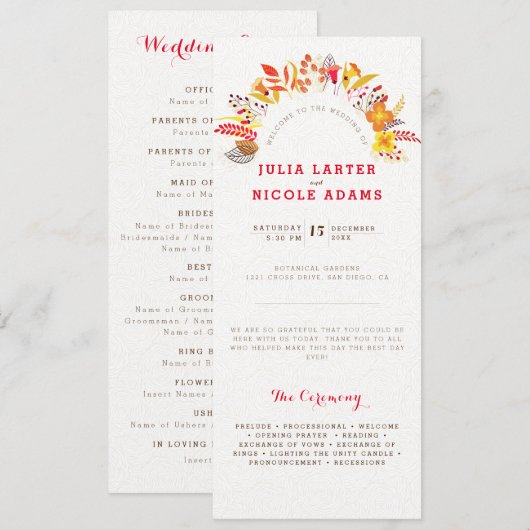 Paarse Sinaasappel Boho Wildflower Bladgroen Bruil Programmakaart (Voorkant / Achterkant)