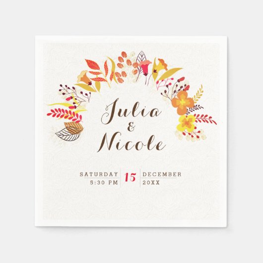 Paarse Sinaasappel Boho Wildflower Bladgroen Bruil Servet (Voorkant)