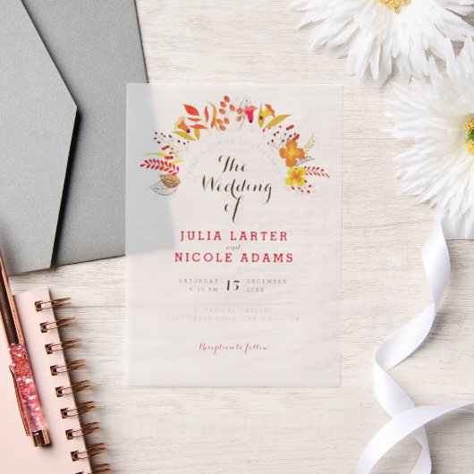 Paarse Sinaasappel Boho Wildflower Bladgroen Bruil Vellum Uitnodigingen (Huwelijk)