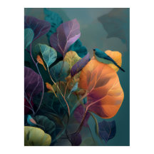 Paarse Sinaasappel Botanische Vogels Muurposter Be