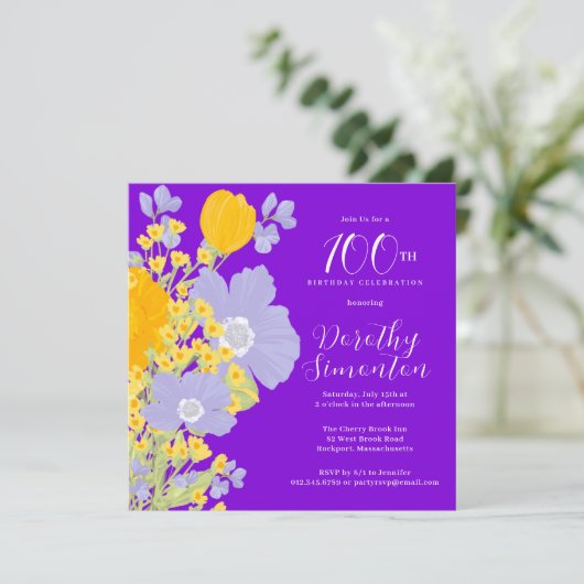 Paarse Sinaasappel Gele Wildbloemen 100e Verjaarda Kaart (Staand voorkant)