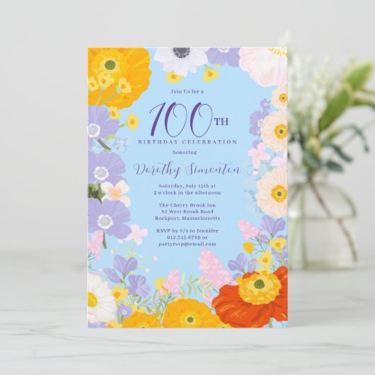 Paarse Sinaasappel Gele Wildbloemen 100e Verjaarda Kaart (Staand voorkant)